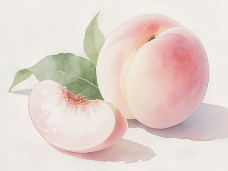 Peach fruit with leaves on a white background. 3d illustrationの写真素材