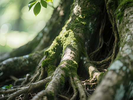 Tree roots with green moss in the forest. Nature background. Selective focusの写真素材