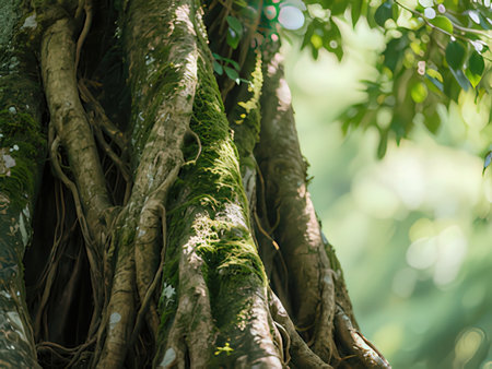 Banyan tree in the forest. Banyan tree with green moss.の写真素材