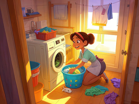 Cartoon housewife doing laundry in the morning - illustration for childrenの写真素材