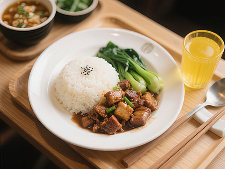 Rice with stir-fried beef and vegetables in a white plateの写真素材