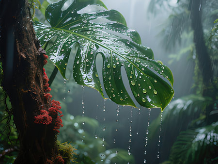 Tropical rain drop on green leaf in rain forest background.の写真素材