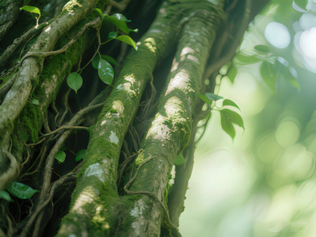 Close up of tree trunk with green leaves and sunlight in the forestの写真素材