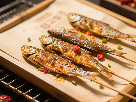 Grilled mackerel with chopsticks on a wooden board.の写真素材