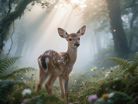 Fawn in the forest at sunrise. Beautiful fawn in the forest.の写真素材