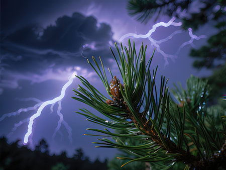 Lightning in the night sky. Thunderstorm over a pine tree.