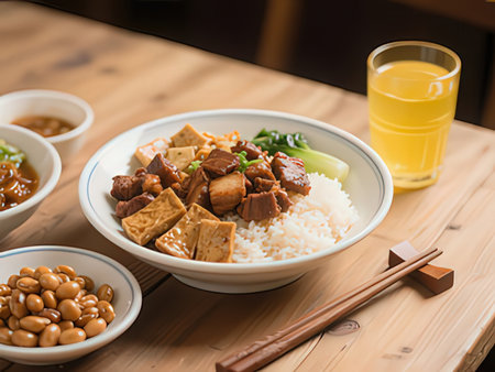 Tofu and soy sauce with rice on wooden tableの写真素材
