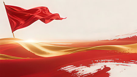 Waving red flag on the background of the sea. 3d rendering