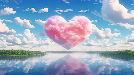 Heart shape on blue sky background with reflection. Valentines day conceptの写真素材
