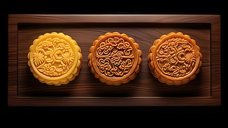 Moon cakes on wooden background. Vector illustration of chinese moon cakes.