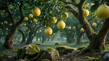 Giant pomelo fruit on tree in garden, stock photoの写真素材