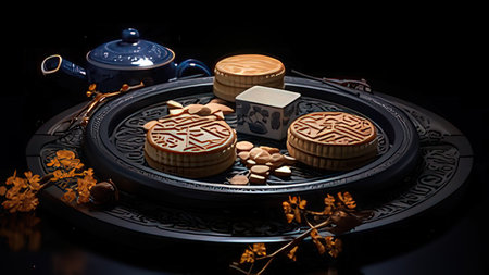 Moon cake and tea set on black background, Chinese mid autumn festival food