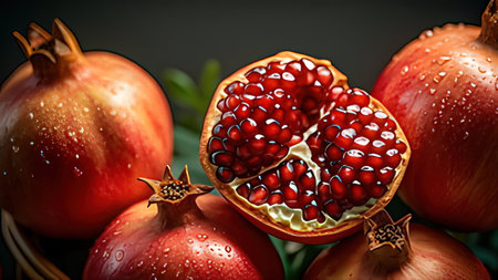 Ripe pomegranate fruit on a black background with water dropsの写真素材