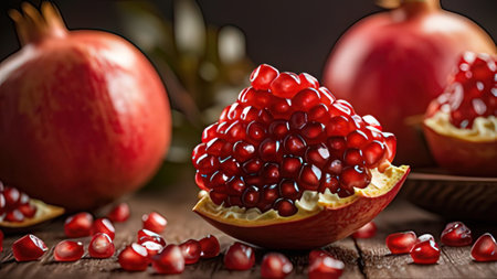 Ripe pomegranate fruit with seeds on a wooden tableの写真素材