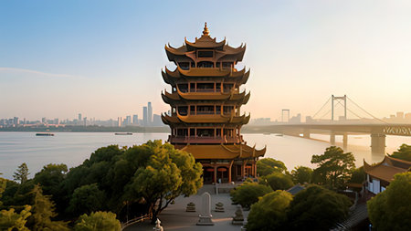 Pagoda on the bank of the river in Hangzhou, Chinaの写真素材