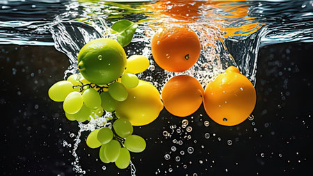 Fruit in water splash on black background. 3d rendering.の写真素材