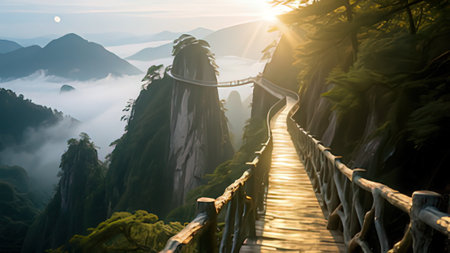 Wooden bridge over misty valley in the morning at sunrise.の写真素材
