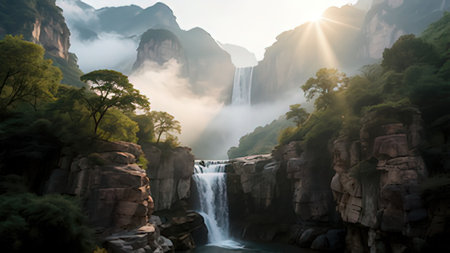 Panoramic view of Tam Coc waterfall at sunrise, Hong Kongの写真素材