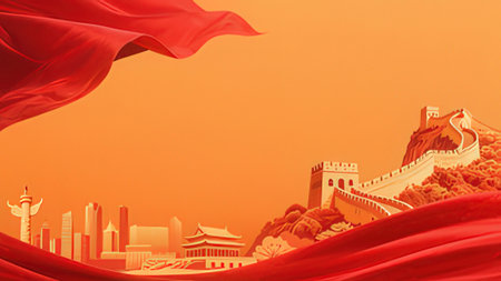 Cityscape of China with red cloth in the wind. 3d renderingの写真素材