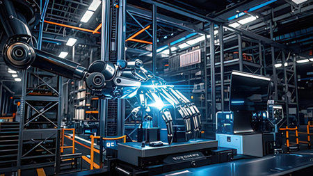3d rendering robotic hand working on a production line in a factoryの写真素材