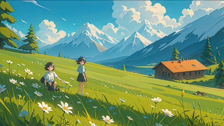 Girl and boy walking on a meadow in the mountains. Vector illustrationの写真素材