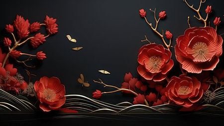 3d render of red paper cut flowers on black background for chinese new year