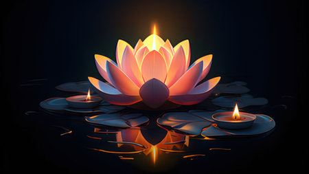 Beautiful lotus and candles on a dark background. Vector illustration.の写真素材