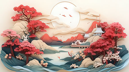Illustration of Japanese landscape with cherry blossom, pagoda and sunset.