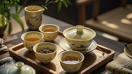tea ceremony with tea cup and teapot on wooden tableの写真素材