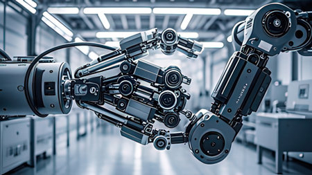 3d rendering robotic hand working in a factory or research and development center
