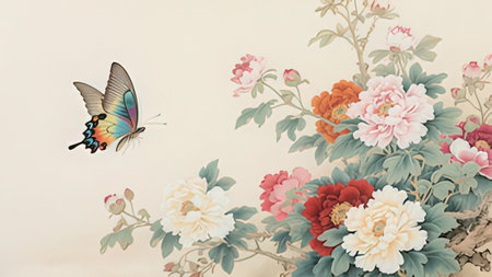 Vintage background with flowers and butterfly. Floral vintage background.の写真素材