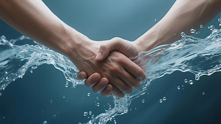 Close up of two hands holding each other with water splashes on background