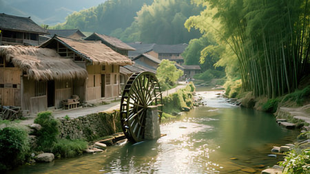 Landscape view of a water mill in a Japanese village on a summer dayの写真素材