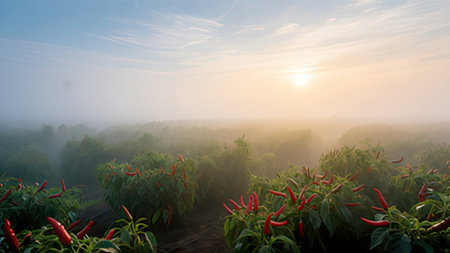 Hot chili pepper farm in the morning at Phu Kradueng National Park, Loei, Thailandの写真素材