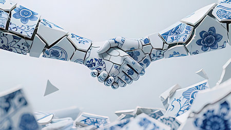 Handshake of two people made from ceramic tiles. 3D rendering