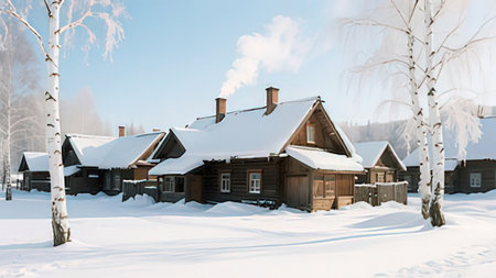 Winter landscape with wooden houses and birch trees in the village.