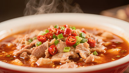 pork noodle soup with chili in bowl on wood table backgroundの写真素材