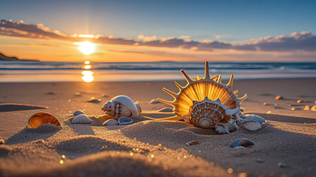 Seashells on the beach at sunset. Nature composition.