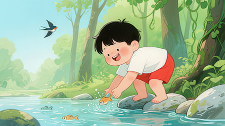 Cute little boy playing in the river. Vector cartoon illustration.の写真素材
