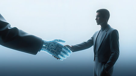 Conceptual image of robot handshake with human hand against blue backgroundの写真素材