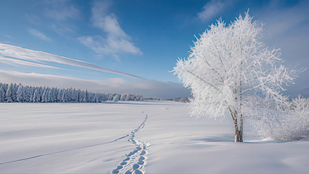 Winter landscape with trees covered with hoarfrost and footprints in the snowの写真素材