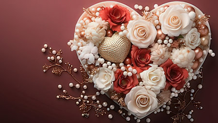Heart-shaped box with roses and pearls on a brown backgroundの写真素材