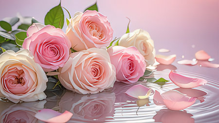 Bouquet of pink and white roses on a pink background.の写真素材