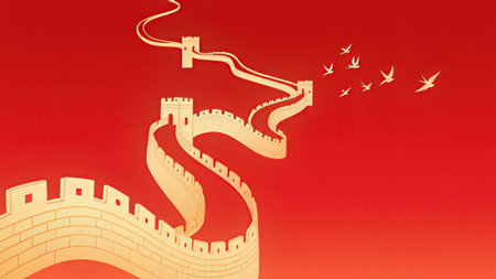 Conceptual image of a castle on a red background with flying birdsの写真素材