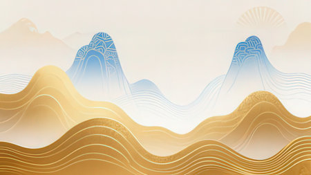 Mountain landscape with golden waves and sea. Vector illustration for designの写真素材