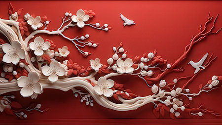 Paper cut of cherry blossom tree on red background. 3d rendering