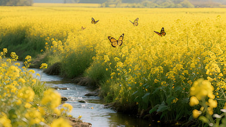 Butterflies flying over the rape field in spring, Poland.