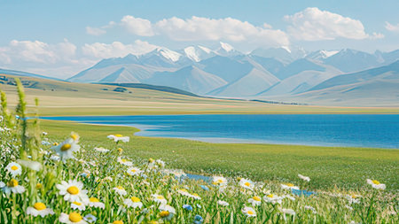 Mountain landscape with lake and camomiles, Kyrgyzstanの写真素材