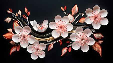 3d illustration of sakura blossom on black background with copy spaceの写真素材