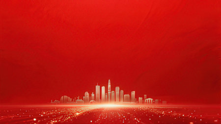 City skyline on red background. 3D rendering. Place for your text.の写真素材